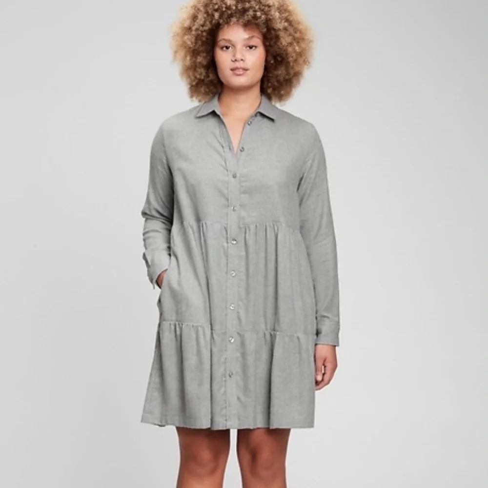ZARA FLANNEL BUTTON DOWN BABY DOLL DRESS TIERED WITH POCKETS GRAY SIZE SMALL